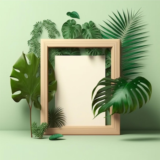 3d rendering of wooden frame with blank picture hanging on beige wall near exotic green plant