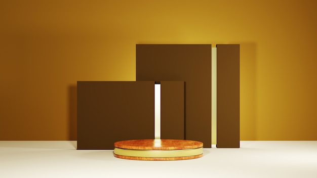 3D rendering of Wooden podium with gold strips for displaying products in a brown room background. Mockup for show product.