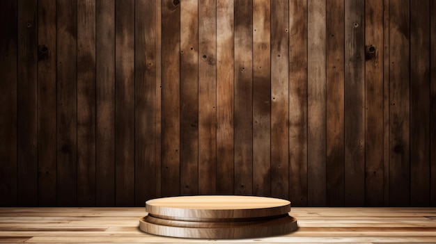 3d rendering of a wooden product display podium on a wooden background