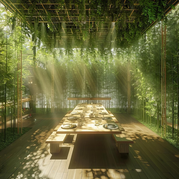 Photo 3d rendering of a wooden terrace in a garden with plants