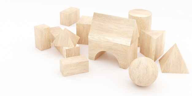 3D rendering of wooden toy blocks.