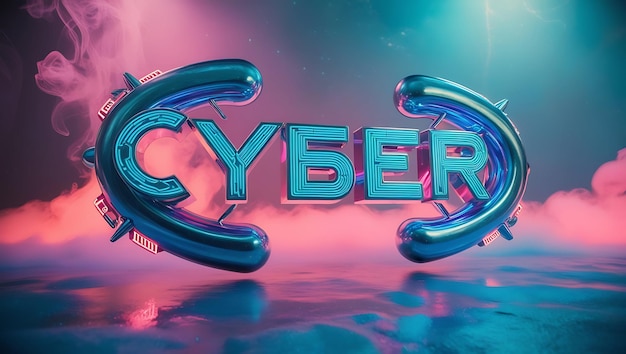 Photo 3d rendering of the word cyber in blue and gray with pink and blue smoke 3d typography