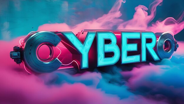 Photo 3d rendering of the word cyber in blue and gray with pink and blue smoke 3d typography