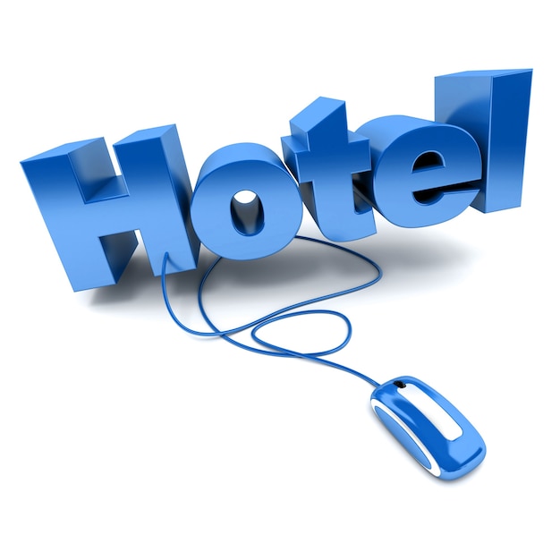 3D rendering of the word hotel connected to a computer mouse