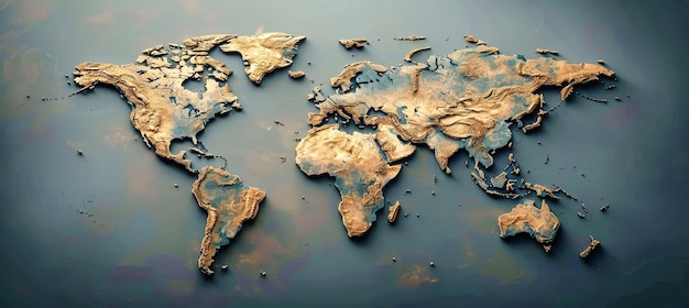 A 3D rendering of a world map with a goldenbrown color scheme highlighting the continents in relief