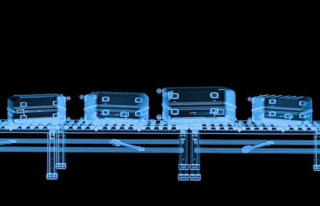 Photo 3d rendering x ray conveyor belt with luggages isolated on black