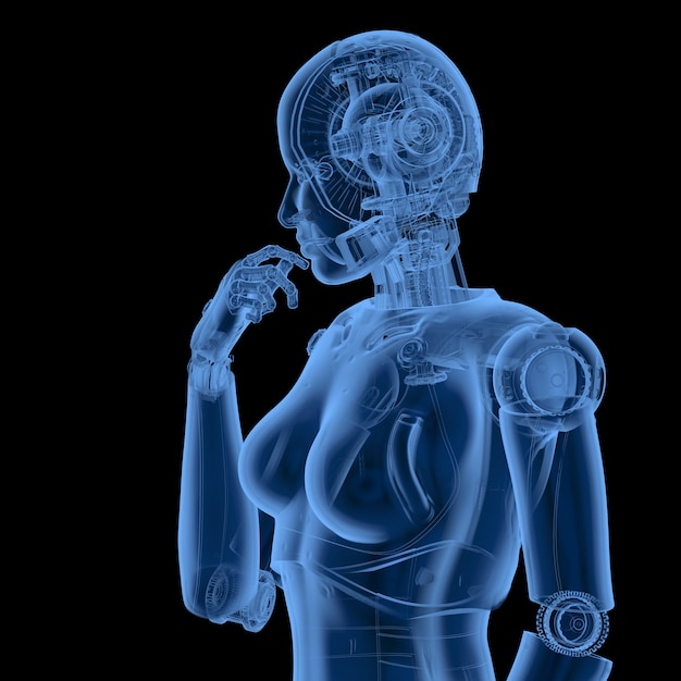 3d rendering x-ray female cyborg robot isolated on black