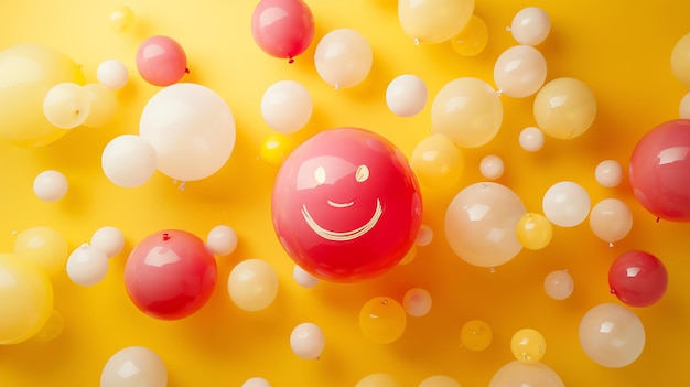 Photo a 3d rendering of a yellow background with a bunch of variouslycolored balloons floating around the balloons are mostly white yellow and red