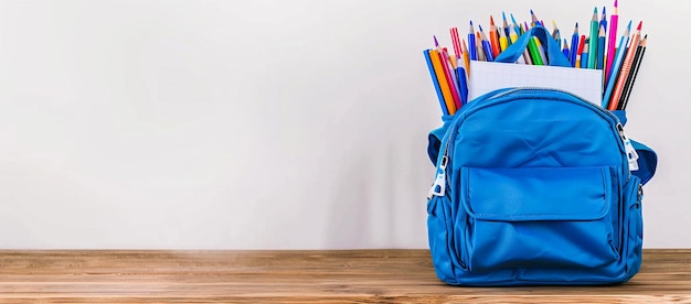 3D rendering of a yellow backpack with school supplies on a blue background