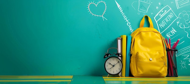 3D rendering of a yellow backpack with school supplies on a blue background