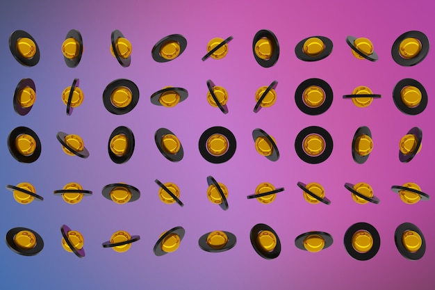 3D rendering of a yellow and black gyroscopes on a pink background.