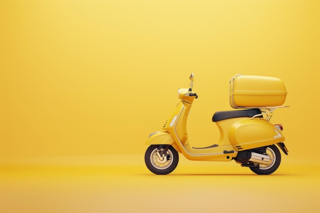 3d rendering of a yellow scooter with a cargo box on the back isolated on a pastel background