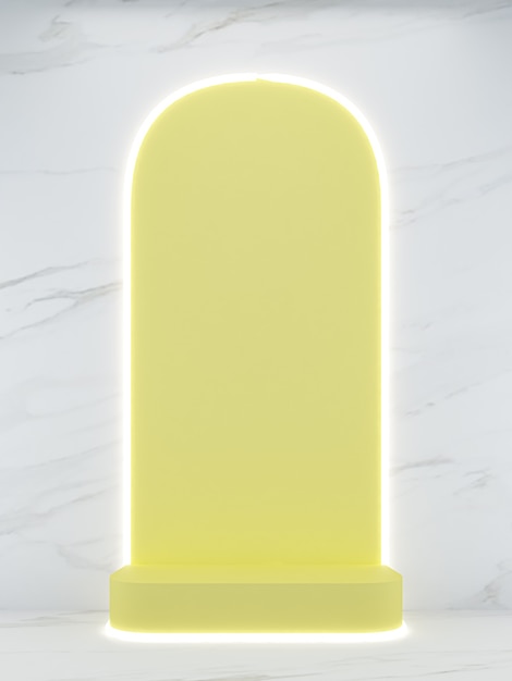 3d rendering yellow square shape podium on white marble background and  light line