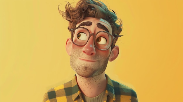 3D rendering of a young man with brown hair and green eyes He is wearing glasses a yellow and black flannel shirt and a white sweater