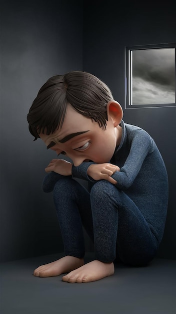 3D rendering of a young man with a sad expression