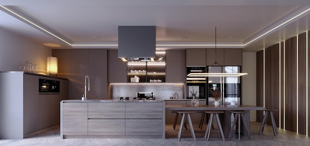 3d rendering3d illustration Interior Scene and Mockupkitchen and dining cornerdark wood kitchen