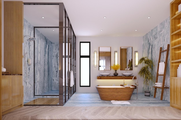 3d rendering3d illustration Interior Scene and MockupModern bathroom interiordecorated with wood and stone