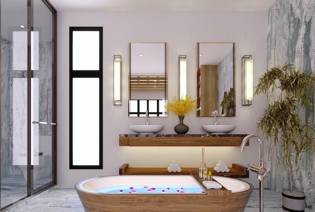 3d rendering3d illustration Interior Scene and MockupModern bathroom interiordecorated with wood and stone