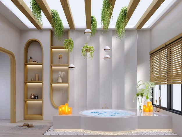 3d rendering3d illustration Interior Scene and MockupModern bathroom with bathtubbathroom Wood sinks and mirrorThere is a skylight on the ceiling large windows natural light entering the room