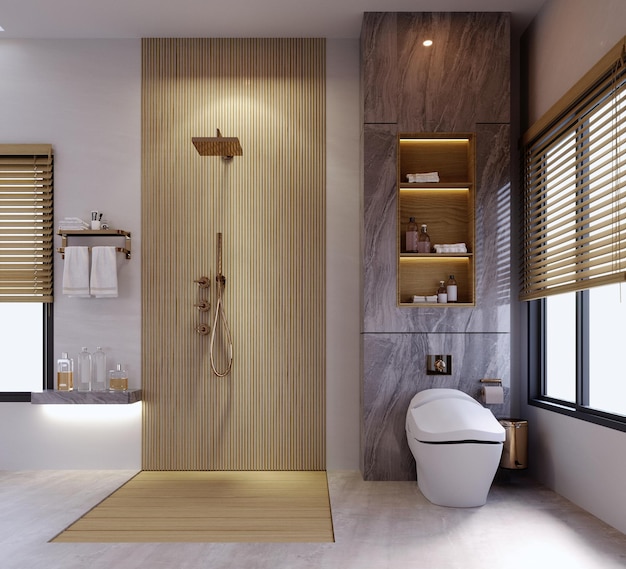 3d rendering3d illustration Interior Scene and MockupModern bathroom with bathtubbathroom Wood sinks and mirrorThere is a skylight on the ceiling large windows natural light entering the room