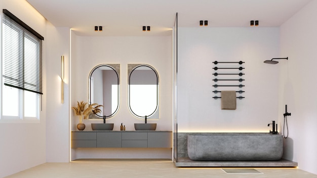 3d rendering3d illustration Interior Scene and MockupModern style bathroom in browngreyblack tone with oval mirror decorated with square back wall