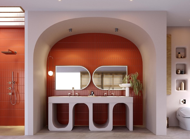 3d rendering3d illustration Interior Scene and Mockupmodern style bathroom with orange walls