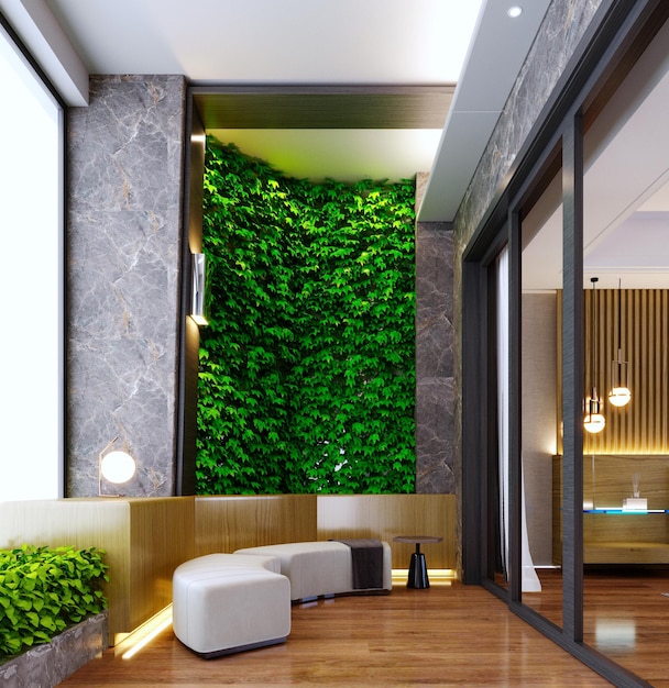 3d rendering3d illustration Interior Scene and MockupVertical garden on the wall and wooden floor