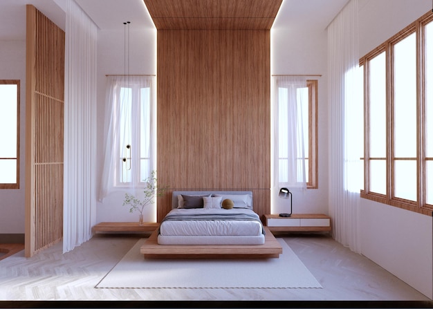 3d rendering3d Interior Scene and  MockupModern style bedroom decorated with wooden hea