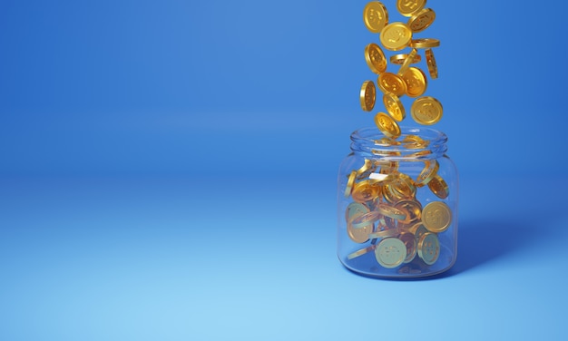 3d renderingpiggy bank and gold coins save money on blue wall financial planning