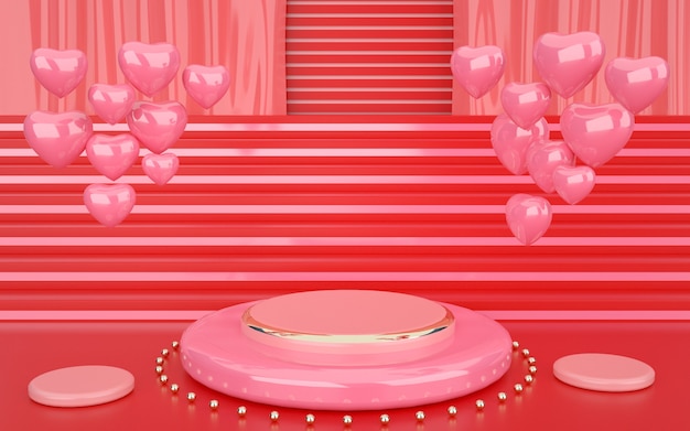 3D renderings of geometric pink with decorative hearts and podium for a product display