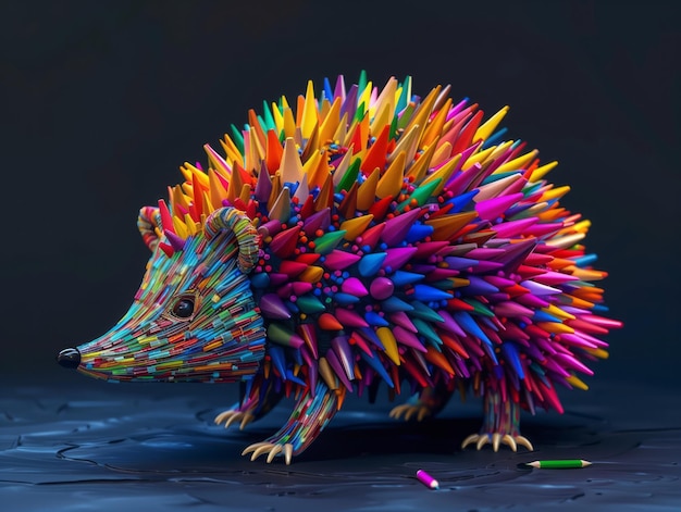 Photo 3d renderings of a hedgehog woodart piece made from sharpened color pencils of bright multicolors