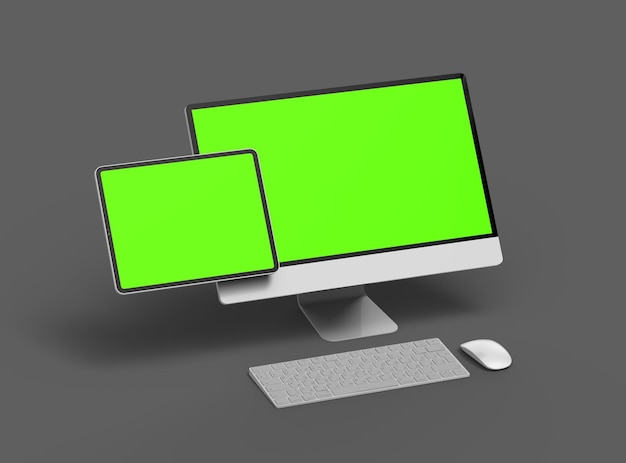 3d renderof a desktop computer and tablet with a green screen on a dark background