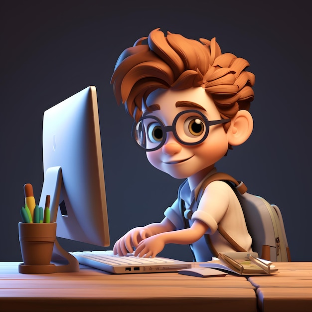 3D Rending of a little boy studying on his computer