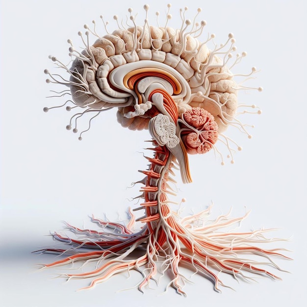 3D REPRESENTATION OF A HUMAN NERVOUS SYSTEM MADE OF PLASTIC ON A WHITE BACKGROUND