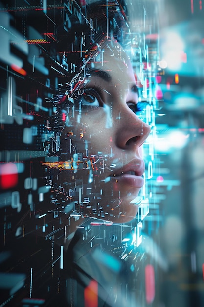 3D representation of a woman emerging from a digital matrix