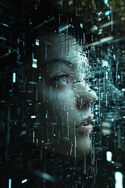 3D representation of a woman emerging from a digital matrix