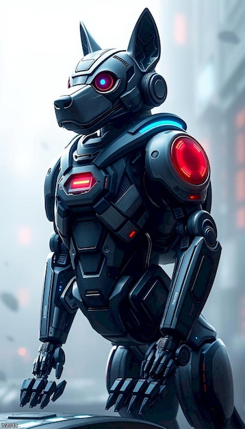 3d robotic dog with red lights and black techno background