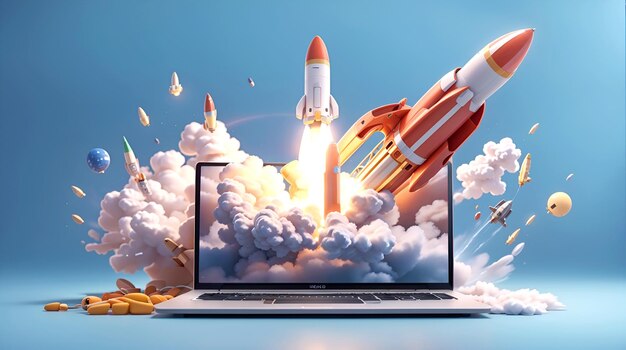 3D Rocket launch on laptop flying rocket icon business startup project concept