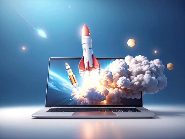 3D Rocket launch on laptop flying rocket icon business startup project concept