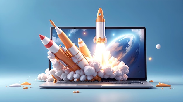 3D Rocket launch on laptop flying rocket icon business startup project concept