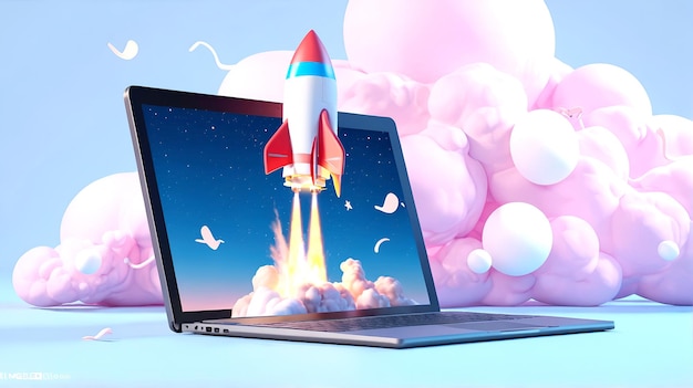 3D Rocket launch on laptop flying rocket icon business startup project concept