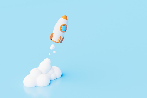 3D Rocket launch on light blue background startup business concept 3d illustration