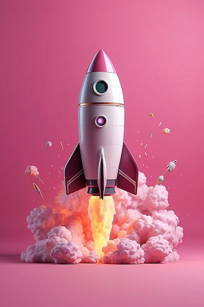 3D Rocket launch on pink background Spaceship icon startup business concept 3d render illustration