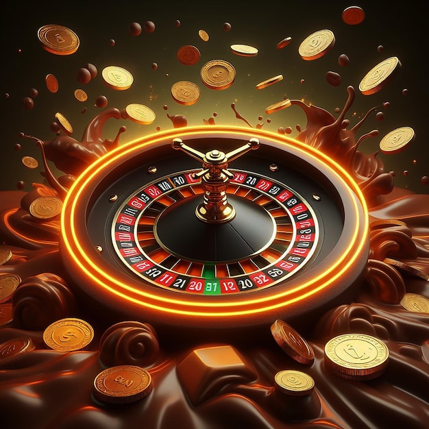 3d Roulette Wheel With Orange Neon Lights And Flying Gold Coins In A Chocolate Wonderland Background