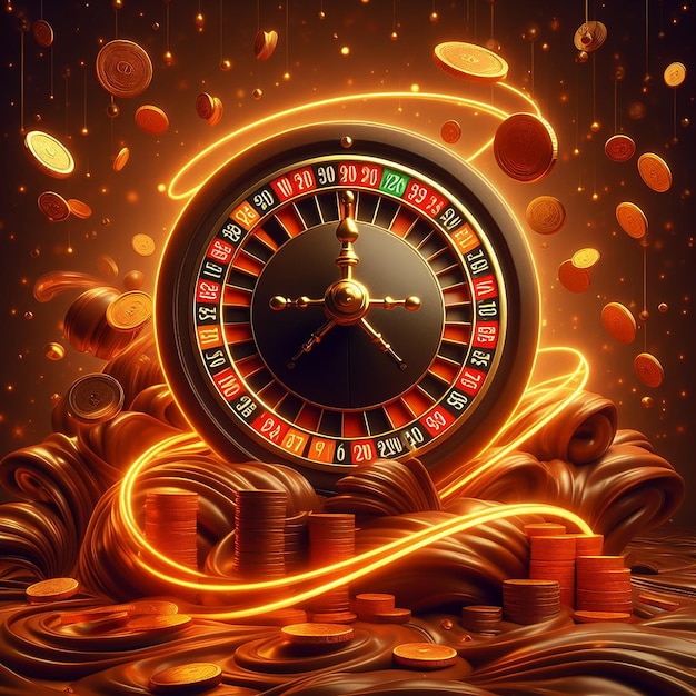 3d Roulette Wheel With Orange Neon Lights And Flying Gold Coins In A Chocolate Wonderland Background