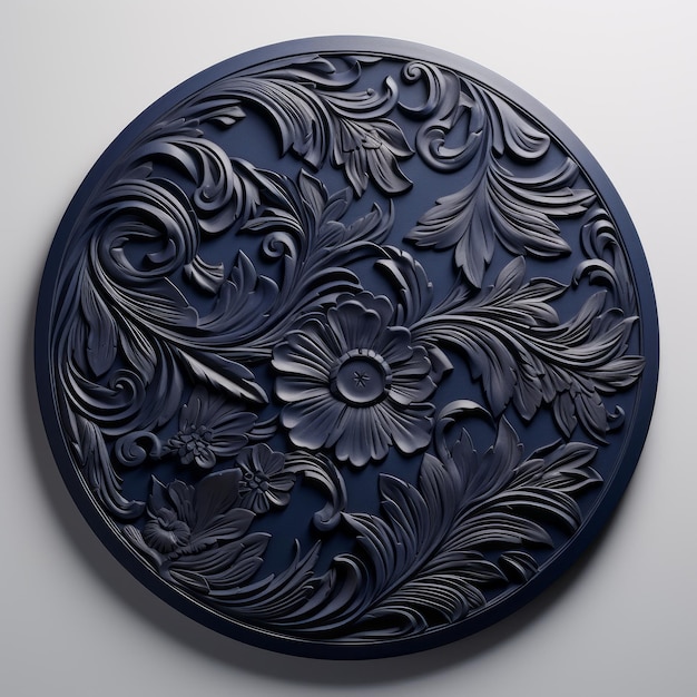 3d Round Carving Of Black And Blue Flowers On White Plate