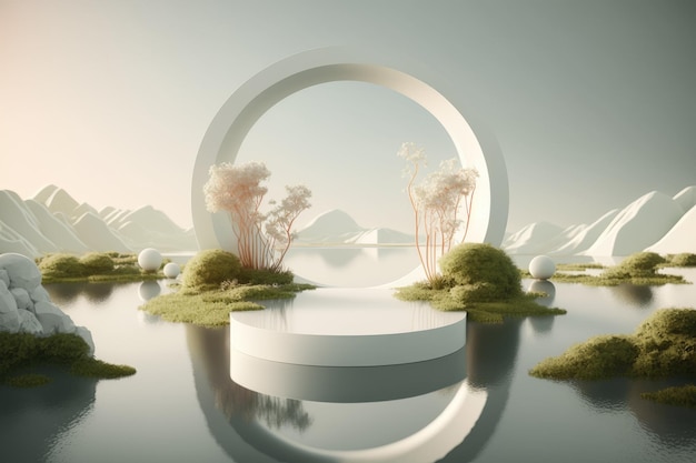 3D Round Ceramic Podium Stage Product With Floral Theme Generated AI