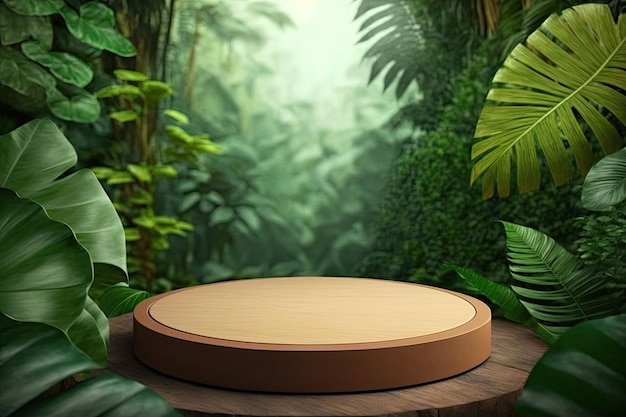 3D Round Wooden Podium Stage Product With ForestTheme Generated AI