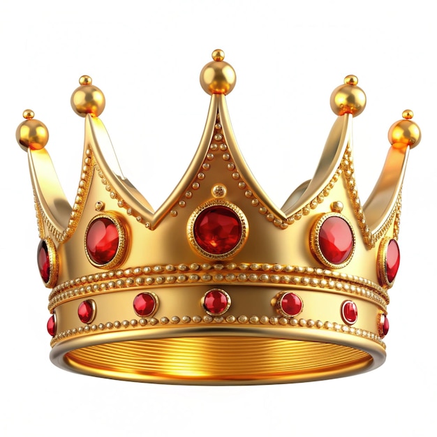 3d royal golden crown with red diamonds on isolated background