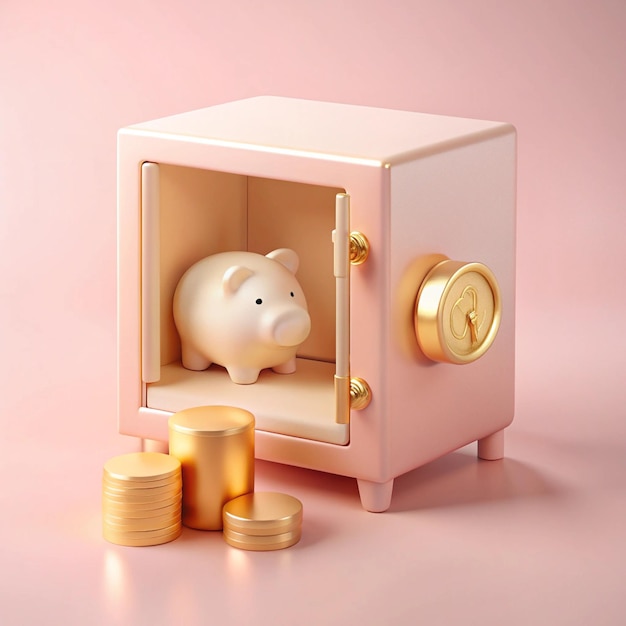 Photo 3d safe box minimal design for treasure on pink pastel background